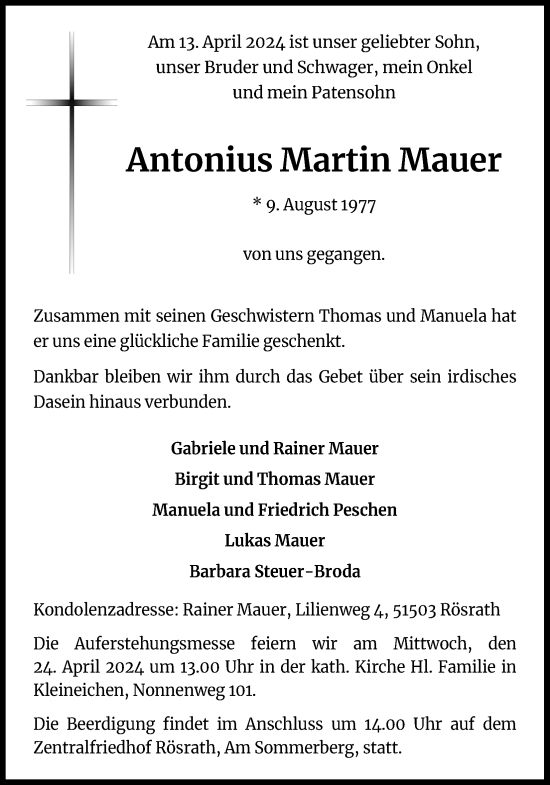 Anzeige von Antonius Martin Mauer von Kölner Stadt-Anzeiger / Kölnische Rundschau / Express