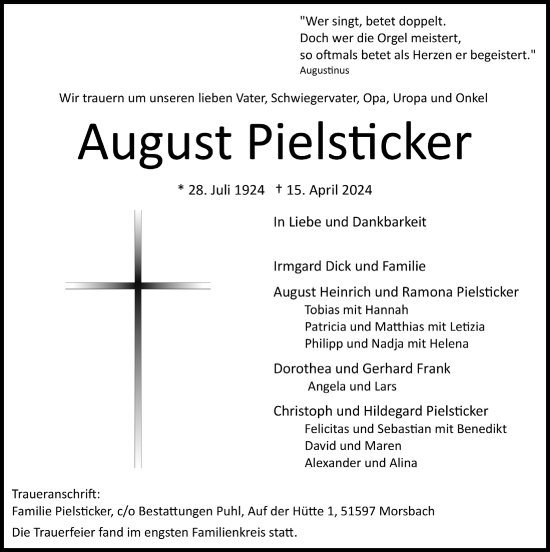 Anzeige von August Pielsticker von  Lokalanzeiger 