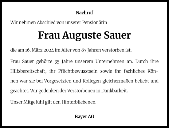 Anzeige von Auguste Sauer von Kölner Stadt-Anzeiger / Kölnische Rundschau / Express