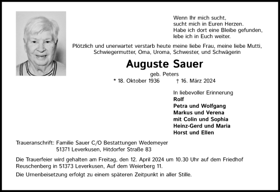 Anzeige von Auguste Sauer von Kölner Stadt-Anzeiger / Kölnische Rundschau / Express
