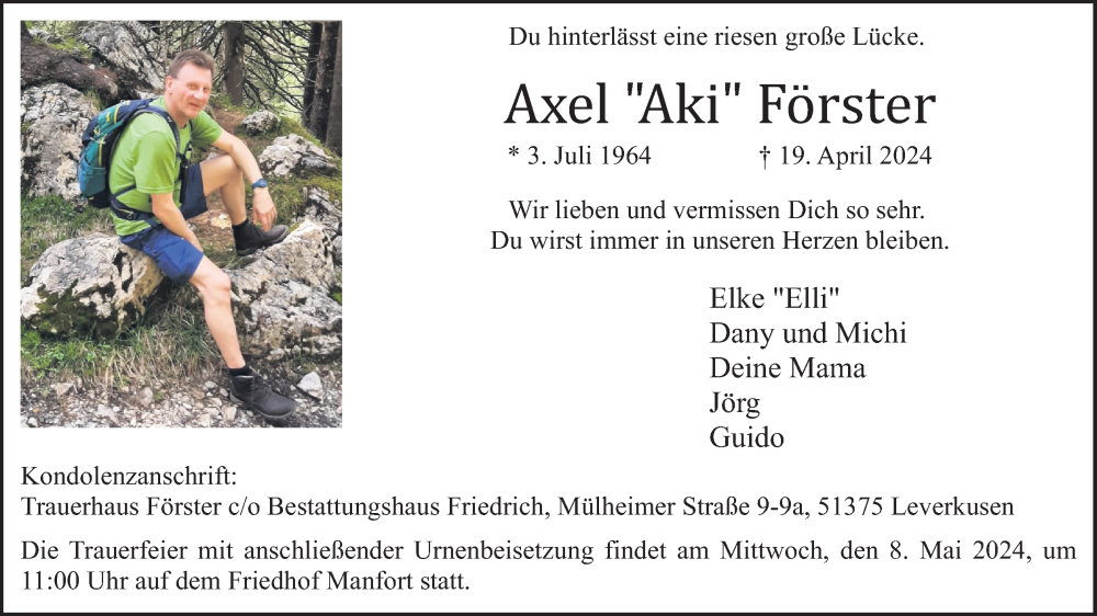  Traueranzeige für Axel Förster vom 27.04.2024 aus Kölner Stadt-Anzeiger / Kölnische Rundschau / Express