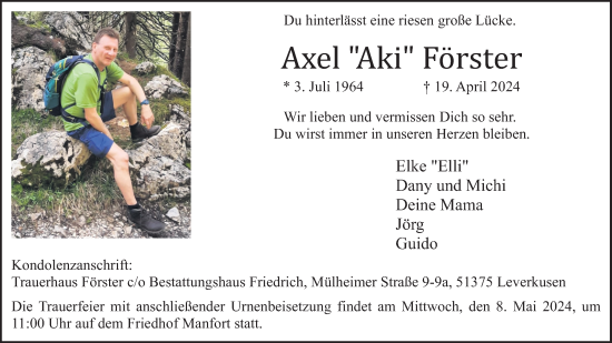 Anzeige von Axel Förster von Kölner Stadt-Anzeiger / Kölnische Rundschau / Express