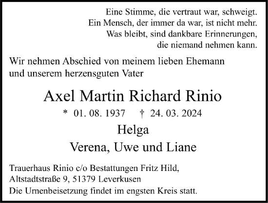 Anzeige von Axel Martin Richard Rinio von  Lokale Informationen 