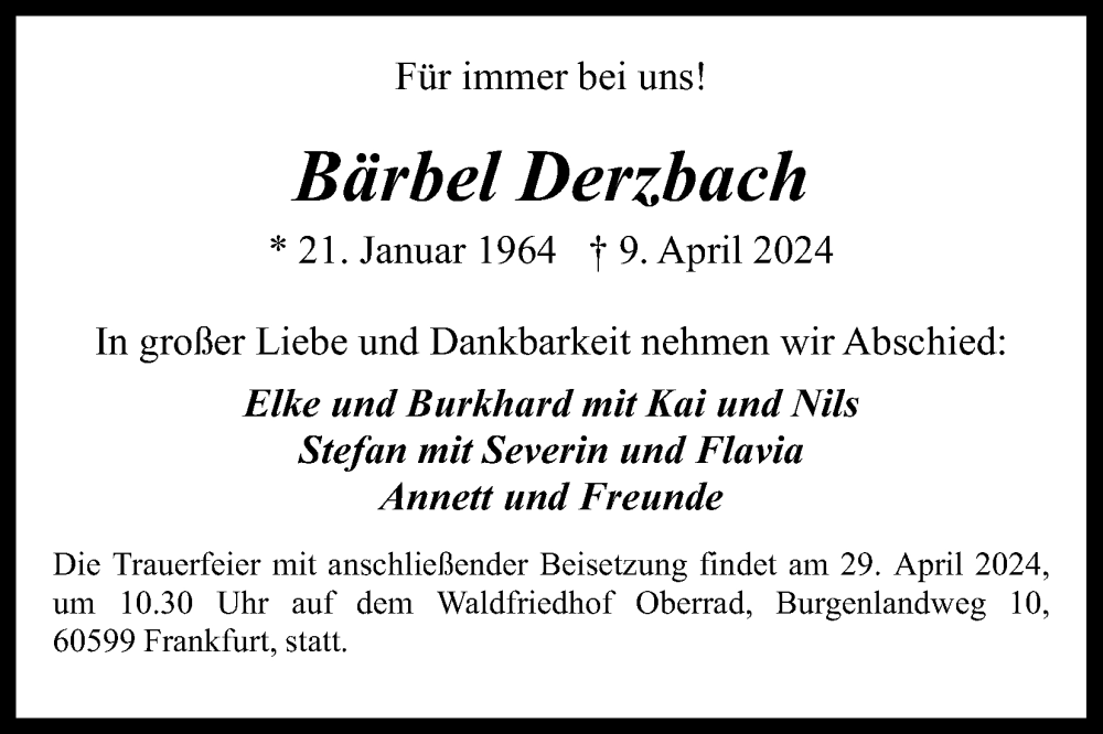  Traueranzeige für Bärbel Derzbach vom 20.04.2024 aus Kölner Stadt-Anzeiger / Kölnische Rundschau / Express