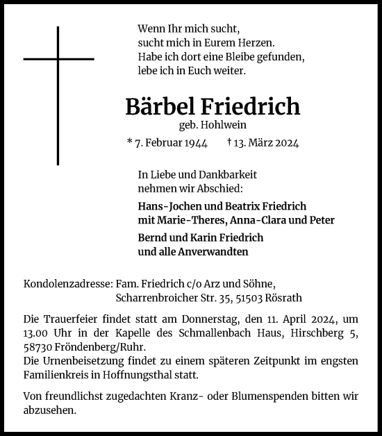 Anzeige von Bärbel Friedrich von Kölner Stadt-Anzeiger / Kölnische Rundschau / Express