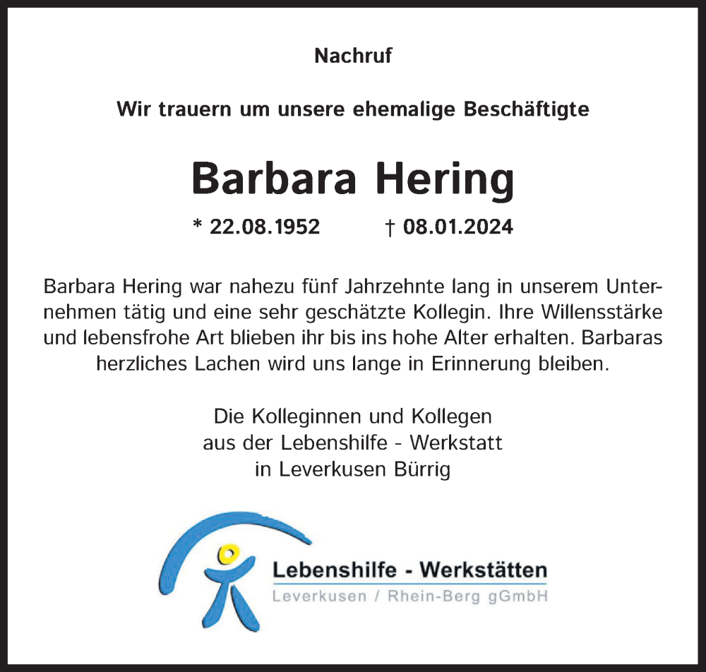  Traueranzeige für Barbara Hering vom 30.03.2024 aus Kölner Stadt-Anzeiger / Kölnische Rundschau / Express