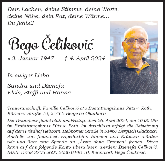 Anzeige von Bego Celikovic von  Bergisches Handelsblatt 