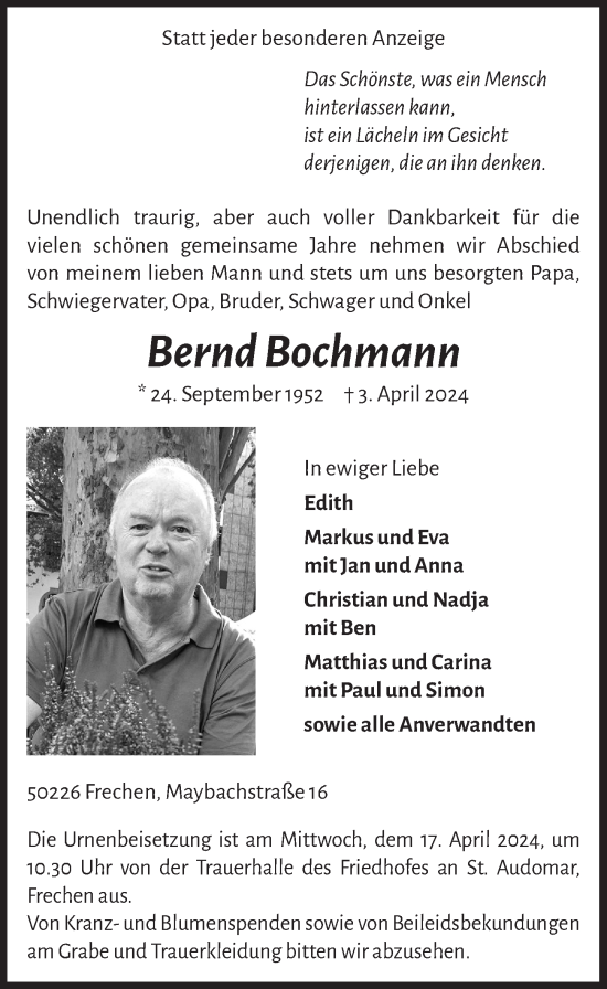 Anzeige von Bernd Bochmann von  Wochenende 