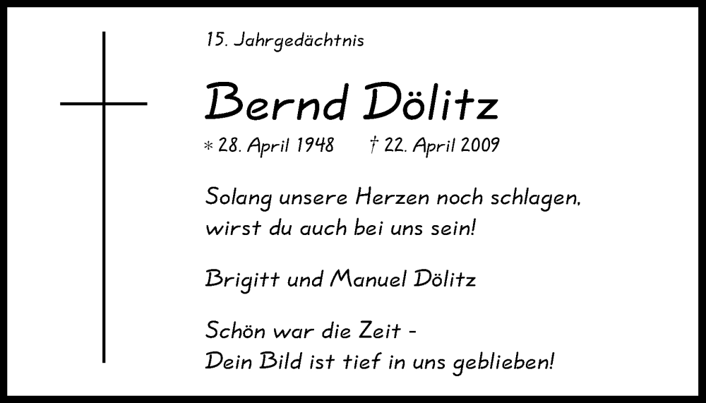  Traueranzeige für Bernd Dölitz vom 22.04.2024 aus Kölner Stadt-Anzeiger / Kölnische Rundschau / Express
