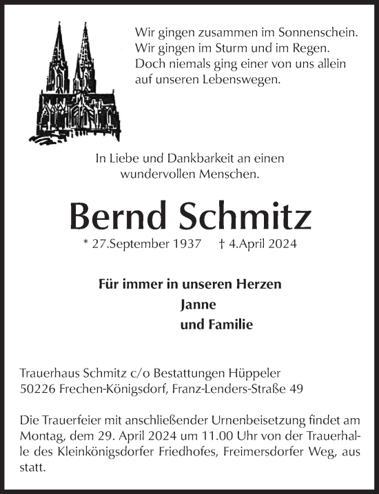 Anzeige von Bernd Schmitz von  Wochenende 