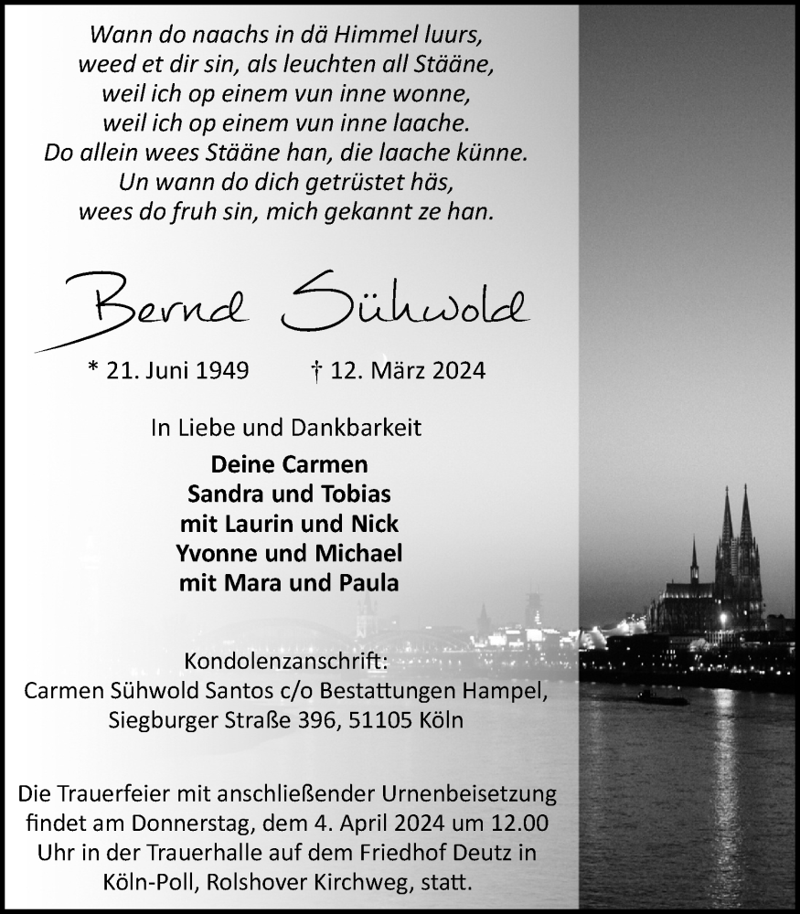  Traueranzeige für Bernd Sühwold vom 30.03.2024 aus Kölner Stadt-Anzeiger / Kölnische Rundschau / Express