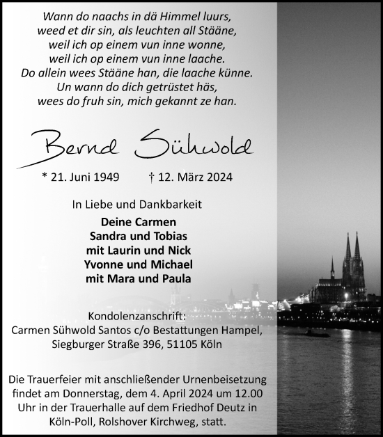 Anzeige von Bernd Sühwold von Kölner Stadt-Anzeiger / Kölnische Rundschau / Express