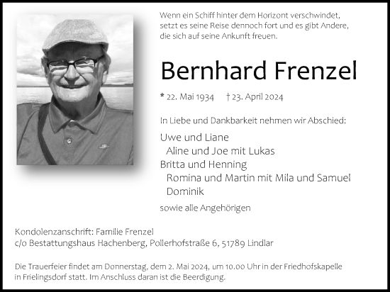 Anzeige von Bernhard Frenzel von Kölner Stadt-Anzeiger / Kölnische Rundschau / Express