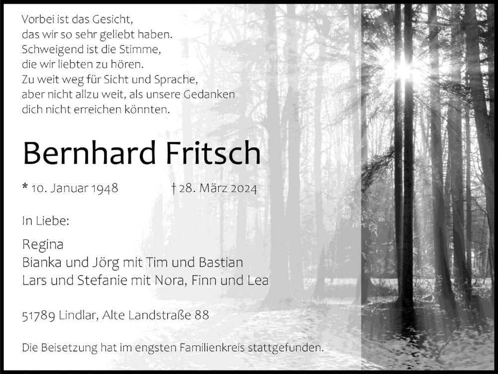  Traueranzeige für Bernhard Fritsch vom 19.04.2024 aus  Anzeigen Echo 