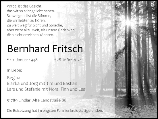 Anzeige von Bernhard Fritsch von  Anzeigen Echo 