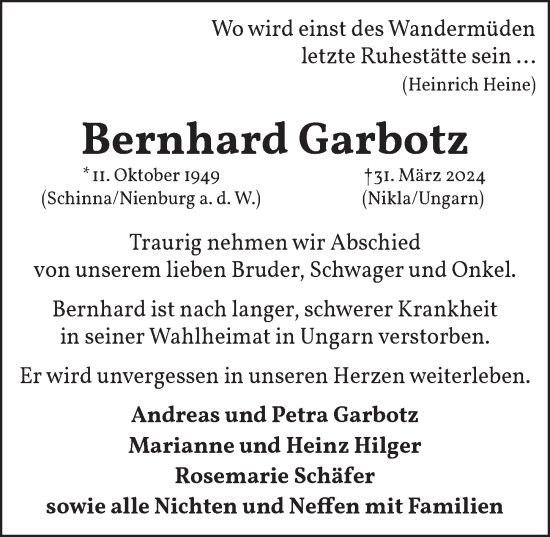 Anzeige von Bernhard Garbotz von  Anzeigen Echo 