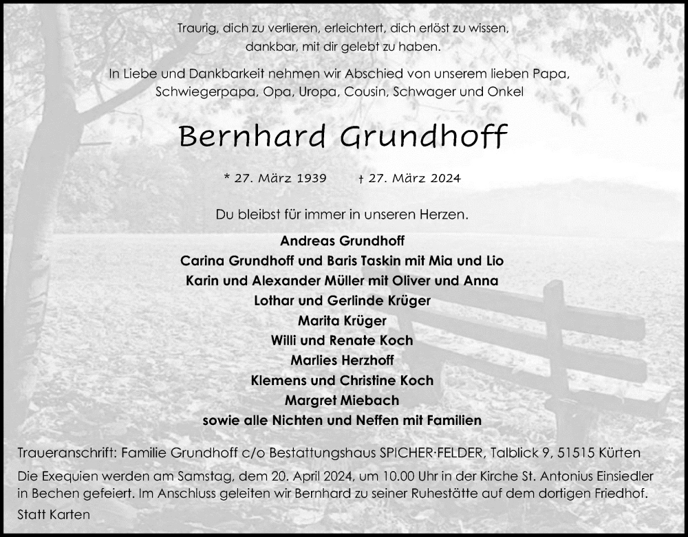  Traueranzeige für Bernhard Grundhoff vom 13.04.2024 aus Kölner Stadt-Anzeiger / Kölnische Rundschau / Express