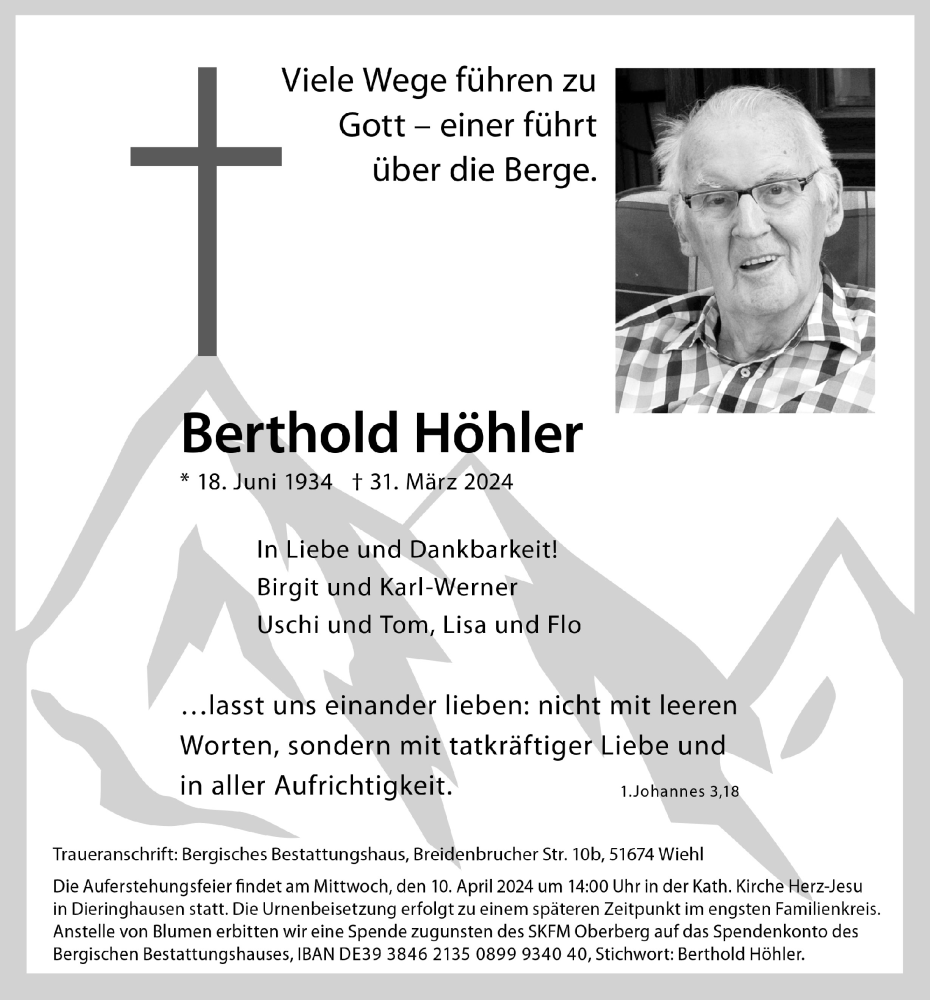  Traueranzeige für Berthold Höhler vom 05.04.2024 aus  Anzeigen Echo 