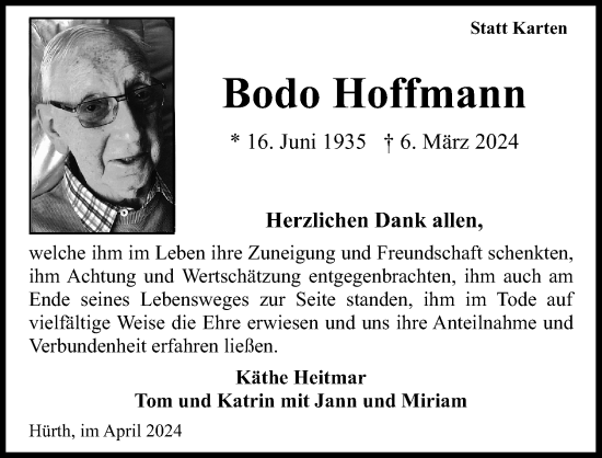 Anzeige von Bodo Hoffmann von Kölner Stadt-Anzeiger / Kölnische Rundschau / Express