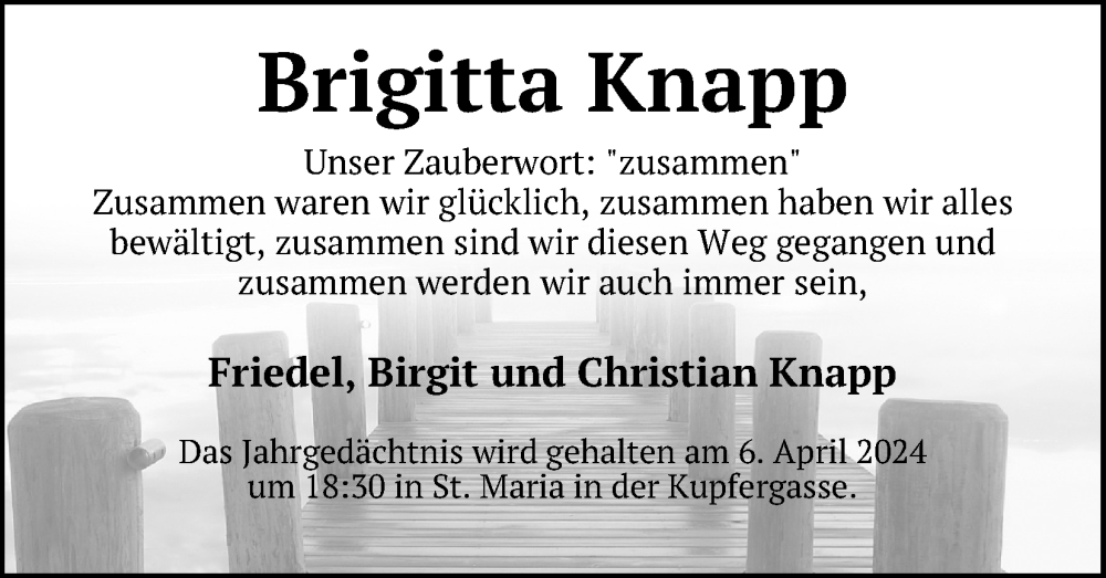  Traueranzeige für Brigitta Knapp vom 30.03.2024 aus Kölner Stadt-Anzeiger / Kölnische Rundschau / Express