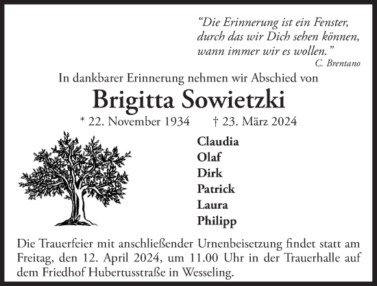 Anzeige von Brigitta Sowietzki von  Schlossbote/Werbekurier 