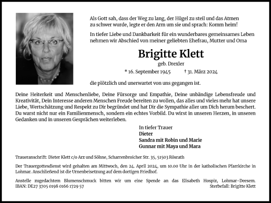 Anzeige von Brigitte Klett von Kölner Stadt-Anzeiger / Kölnische Rundschau / Express