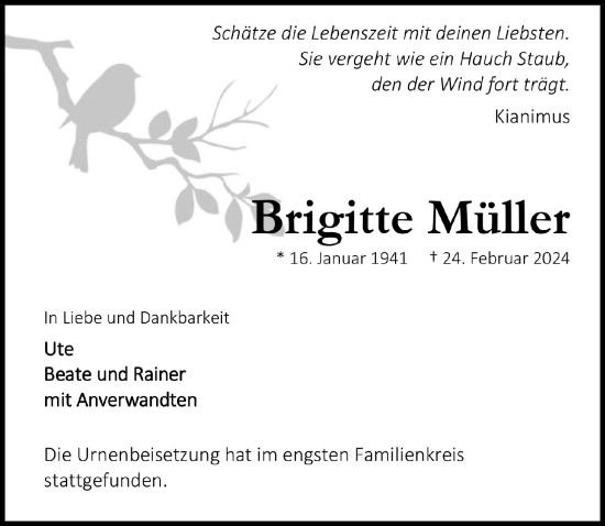 Anzeige von Brigitte Müller von  Bergisches Handelsblatt 