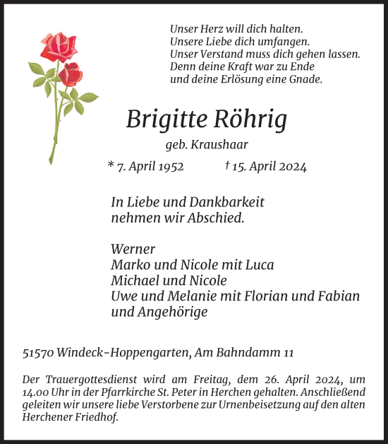Anzeige von Brigitte Röhrig von Kölner Stadt-Anzeiger / Kölnische Rundschau / Express