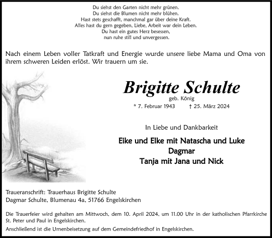 Anzeige von Brigitte Schulte von Kölner Stadt-Anzeiger / Kölnische Rundschau / Express