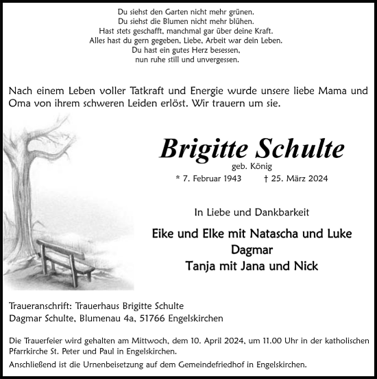 Anzeige von Brigitte Schulte von  Anzeigen Echo 