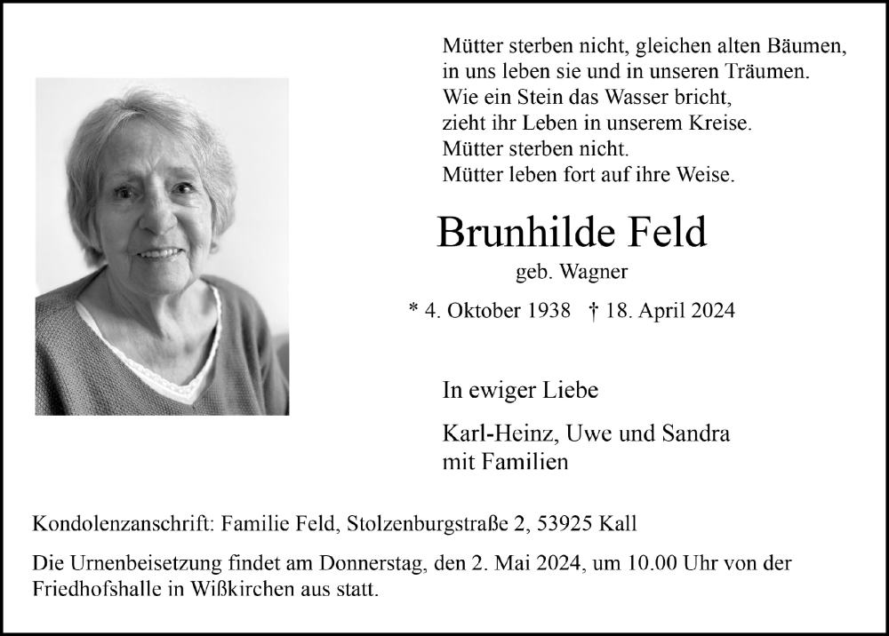  Traueranzeige für Brunhilde Feld vom 27.04.2024 aus  Blickpunkt Euskirchen 
