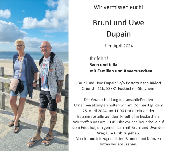 Anzeige von Bruni und Uwe Dupain von  Blickpunkt Euskirchen 