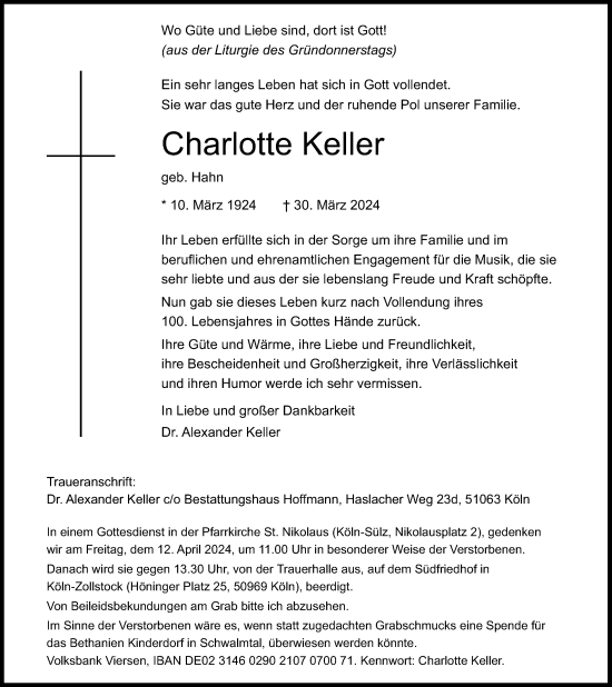 Anzeige von Charlotte Keller von Kölner Stadt-Anzeiger / Kölnische Rundschau / Express