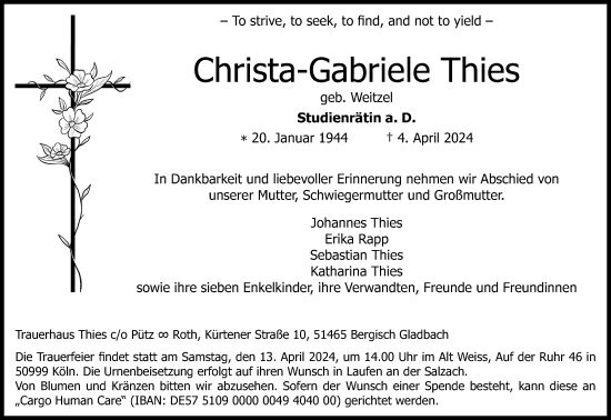 Anzeige von Christa-Gabriele Thies von Kölner Stadt-Anzeiger / Kölnische Rundschau / Express