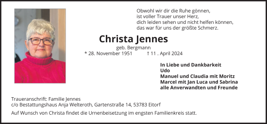 Anzeige von Christa Jennes von Kölner Stadt-Anzeiger / Kölnische Rundschau / Express