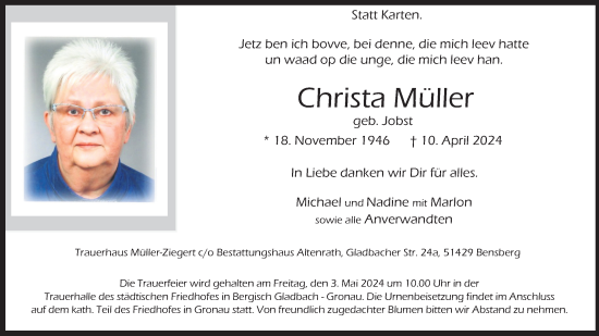 Anzeige von Christa Müller von Kölner Stadt-Anzeiger / Kölnische Rundschau / Express