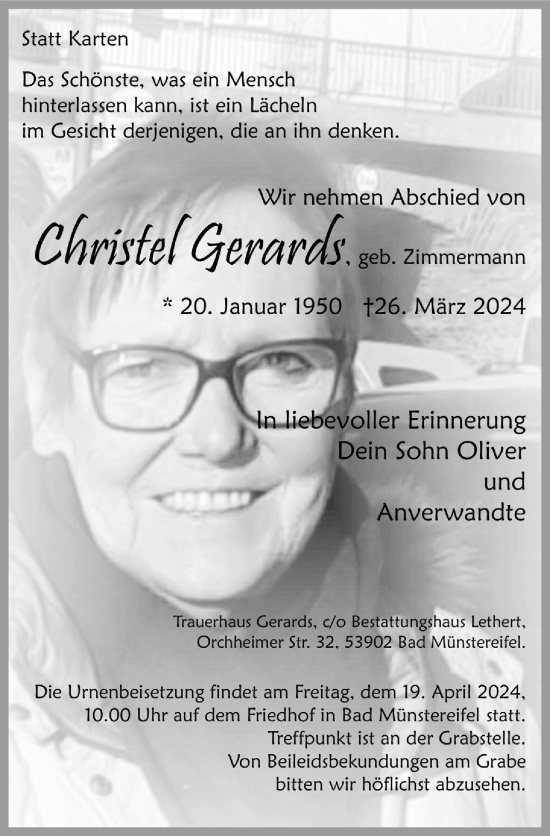 Anzeige von Christel Gerards von  Blickpunkt Euskirchen 