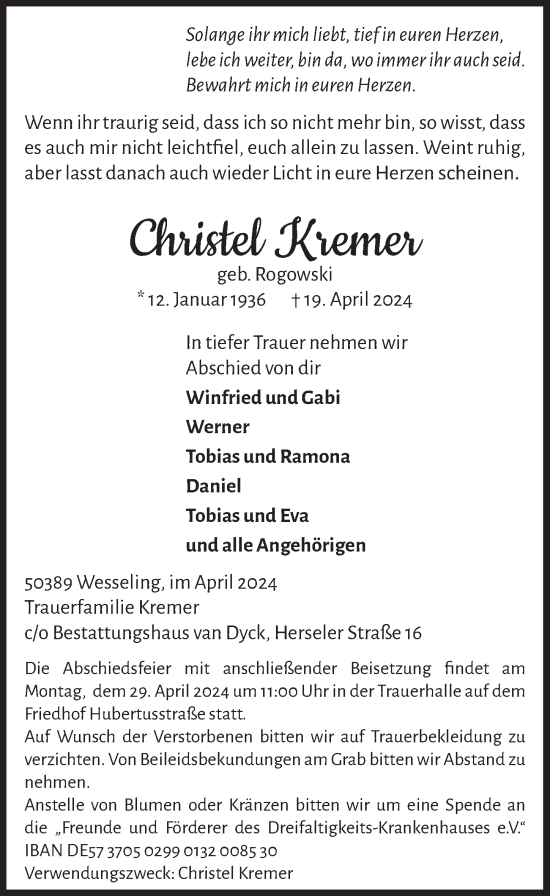 Anzeige von Christel Kremer von  Schlossbote/Werbekurier 