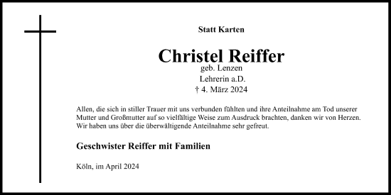 Anzeige von Christel Reiffer von Kölner Stadt-Anzeiger / Kölnische Rundschau / Express