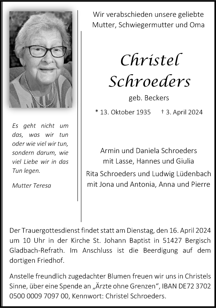  Traueranzeige für Christel Schroeders vom 13.04.2024 aus Kölner Stadt-Anzeiger / Kölnische Rundschau / Express