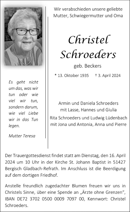 Anzeige von Christel Schroeders von  Bergisches Handelsblatt 