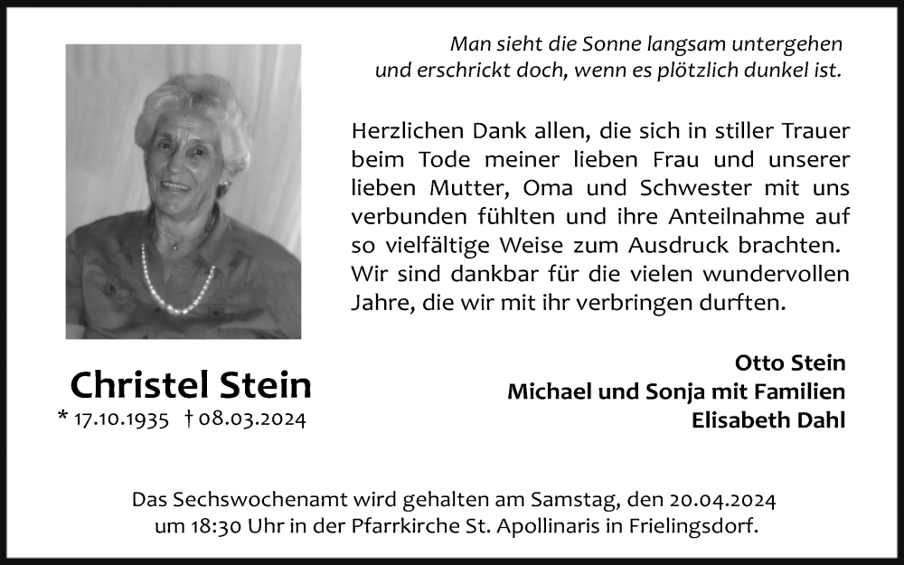  Traueranzeige für Christel Stein vom 13.04.2024 aus Kölner Stadt-Anzeiger / Kölnische Rundschau / Express