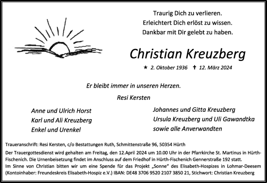 Anzeige von Christian Kreuzberg von Kölner Stadt-Anzeiger / Kölnische Rundschau / Express