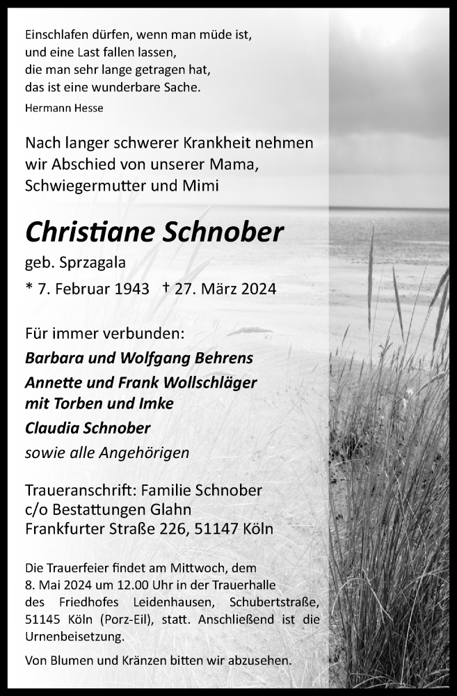  Traueranzeige für Christiane Schnober vom 12.04.2024 aus  Bergisches Handelsblatt 