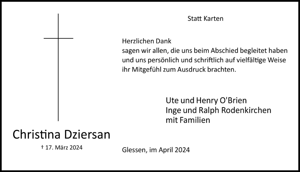  Traueranzeige für Christina Dziersan vom 26.04.2024 aus  Werbepost 
