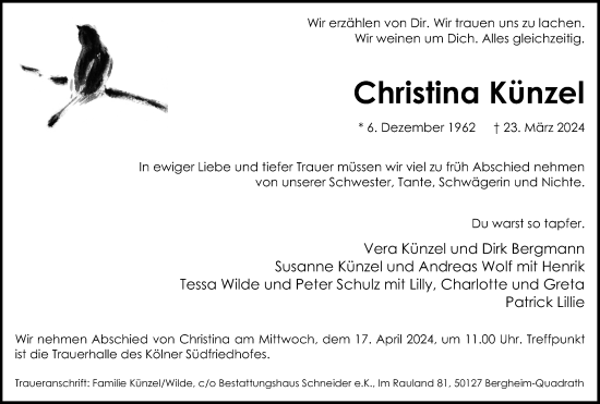 Anzeige von Christina Künzel von Kölner Stadt-Anzeiger / Kölnische Rundschau / Express