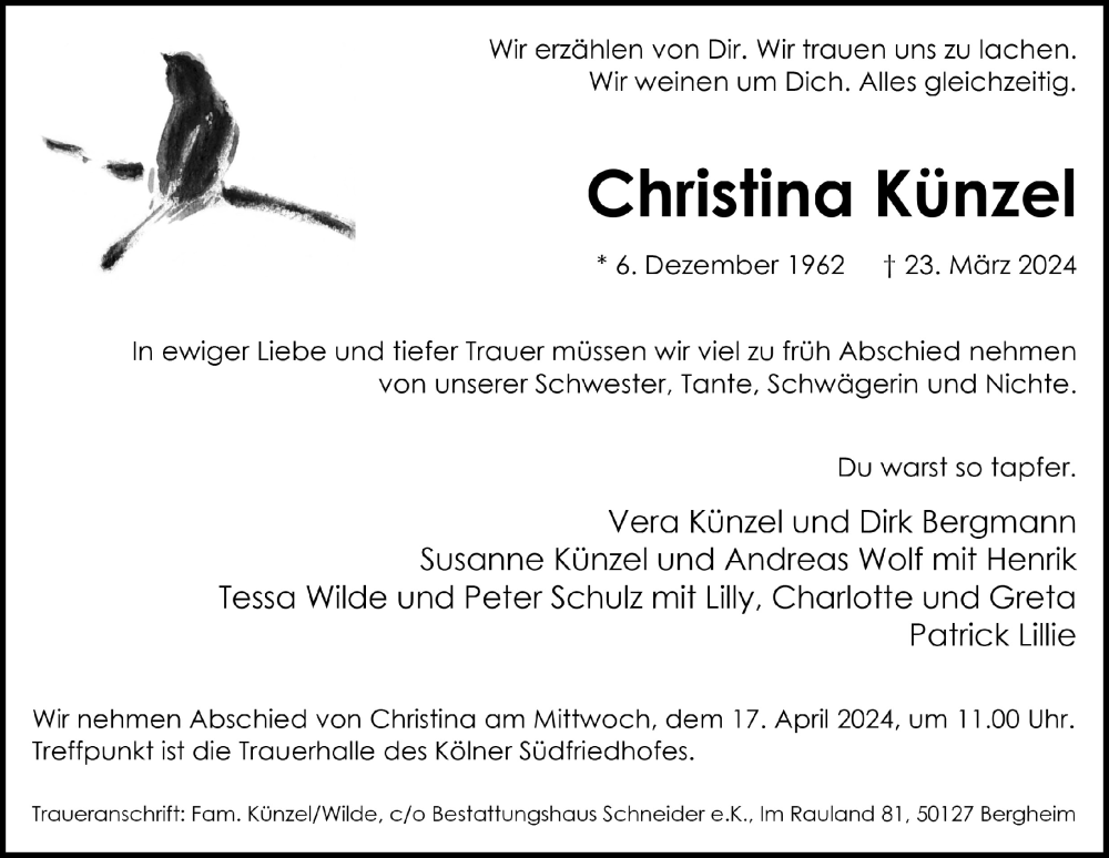  Traueranzeige für Christina Künzel vom 05.04.2024 aus  Werbepost 