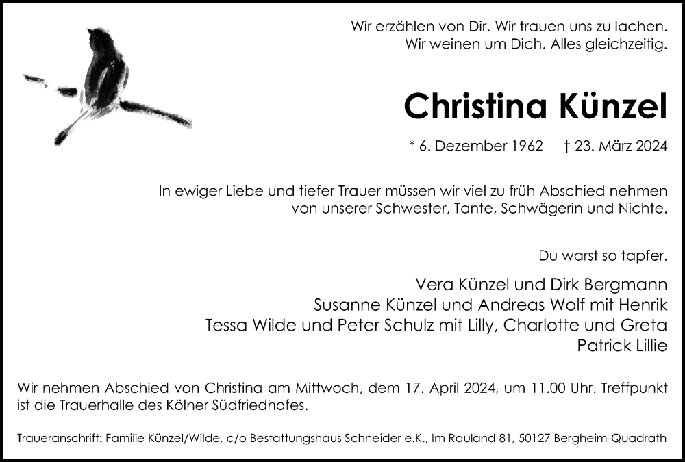  Traueranzeige für Christina Künzel vom 06.04.2024 aus Kölner Stadt-Anzeiger / Kölnische Rundschau / Express