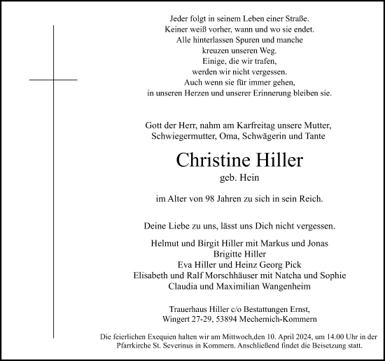 Anzeige von Christine Hiller von Kölner Stadt-Anzeiger / Kölnische Rundschau / Express