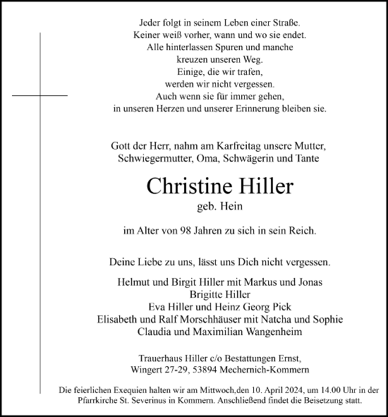 Anzeige von Christine Hiller von  Blickpunkt Euskirchen 